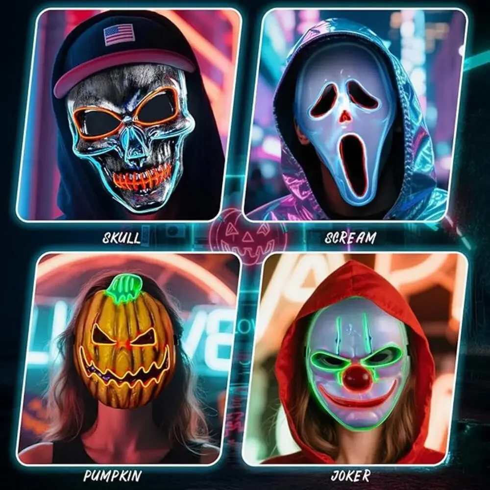 LED Mask Gloves Set Adult Teen Skeleton Glow Halloween Scary Light Up Costume